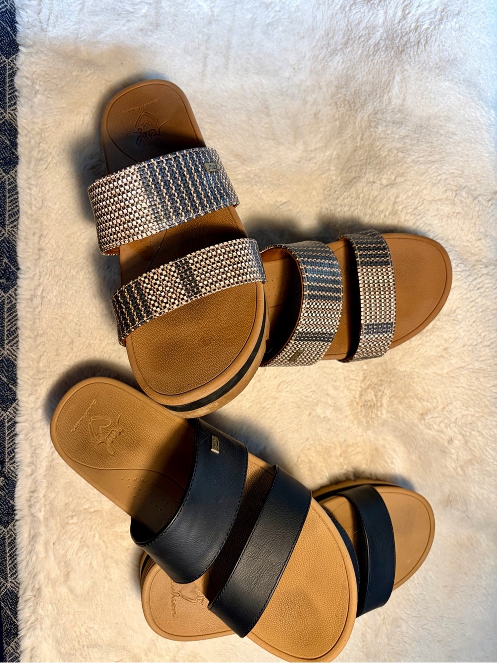2 pairs - Reef Women’s Tan Slide Sandals with Black and Woven Straps